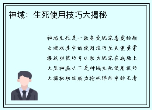 神域:生死使用技巧大揭秘